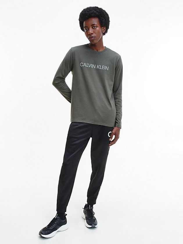 Grey Calvin Klein Long Sleeve Logo Gym Men T-Shirt | PIJU-64089