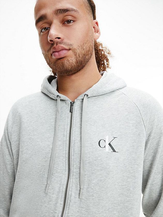 Grey Calvin Klein Lounge Zip Up - CK One Men Hoodie | XJUD-95728