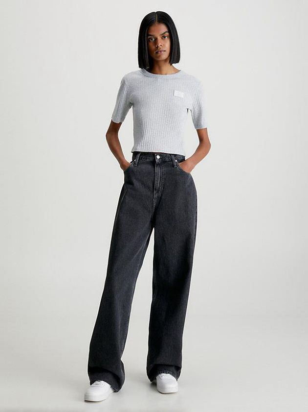 Grey Calvin Klein Slim Cropped Badge Women T-Shirt | FHDI-96431
