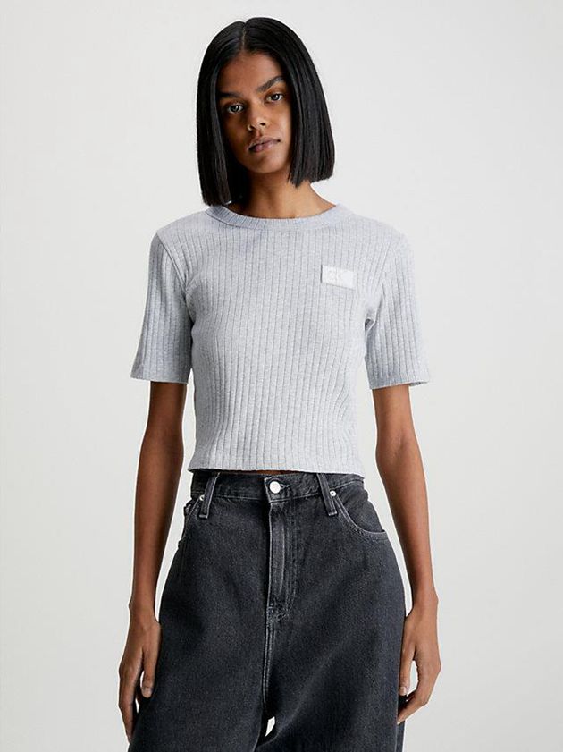 Grey Calvin Klein Slim Cropped Badge Women T-Shirt | FHDI-96431