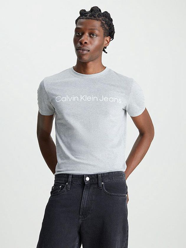Grey Calvin Klein Slim Logo Men T-Shirt | ISWO-75039