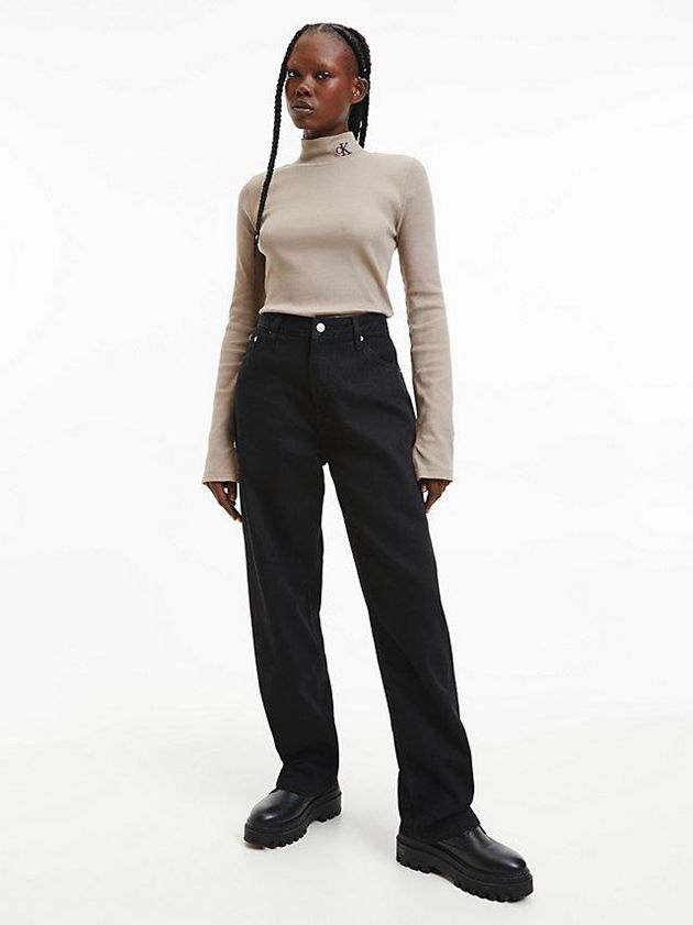 Grey Calvin Klein Slim Ribbed Mock Neck Women Top | CHUK-23659