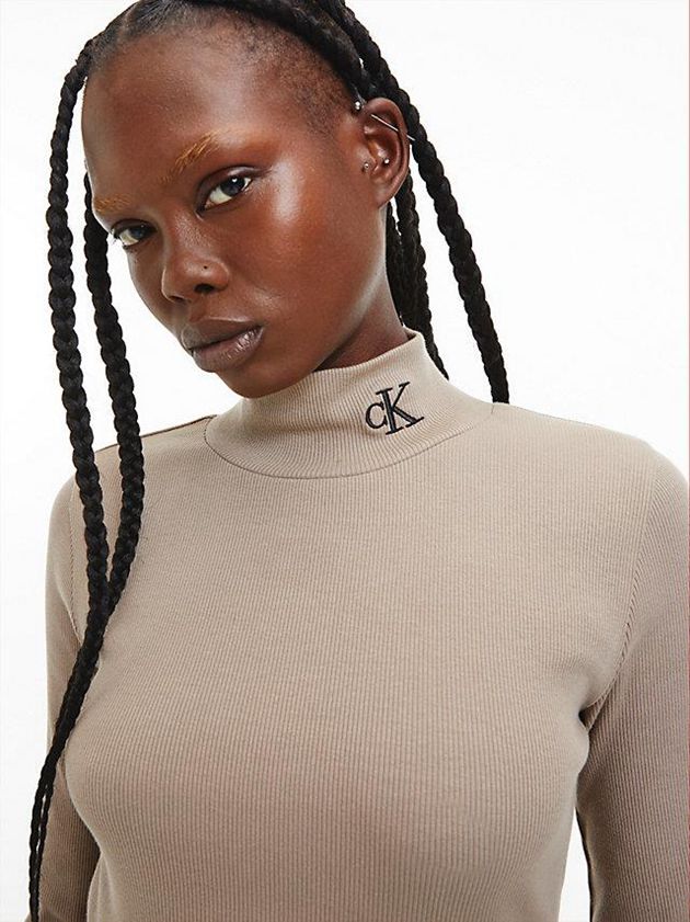 Grey Calvin Klein Slim Ribbed Mock Neck Women Top | CHUK-23659