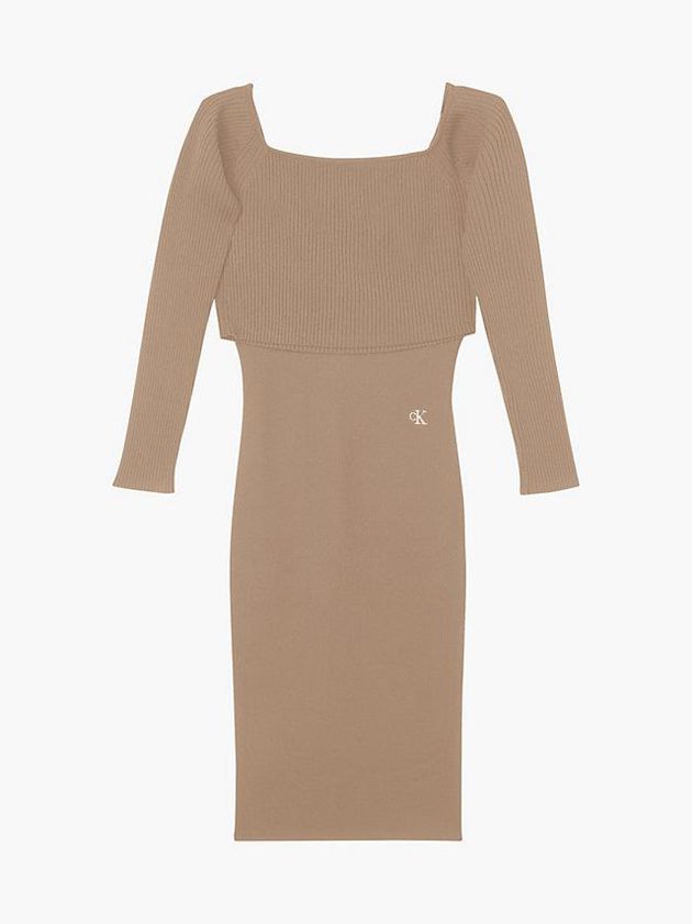 Khaki Calvin Klein 2-In-1 Bodycon Rib-Knit Women Dress | TAPG-08159