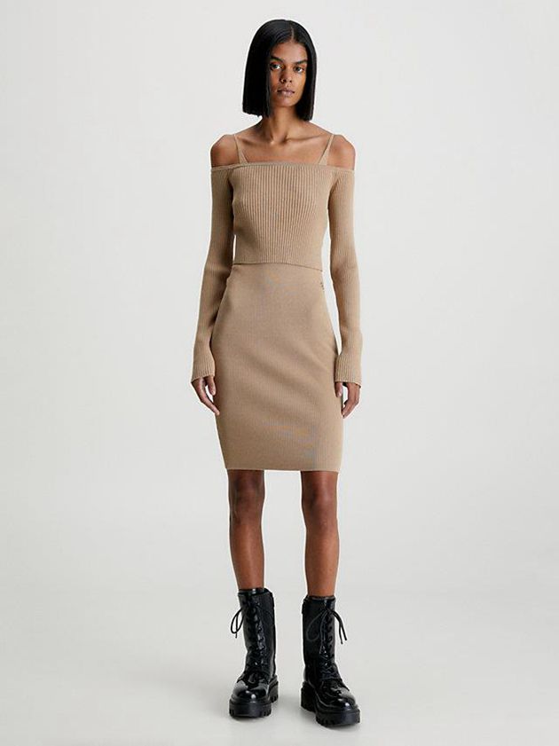 Khaki Calvin Klein 2-In-1 Bodycon Rib-Knit Women Dress | TAPG-08159