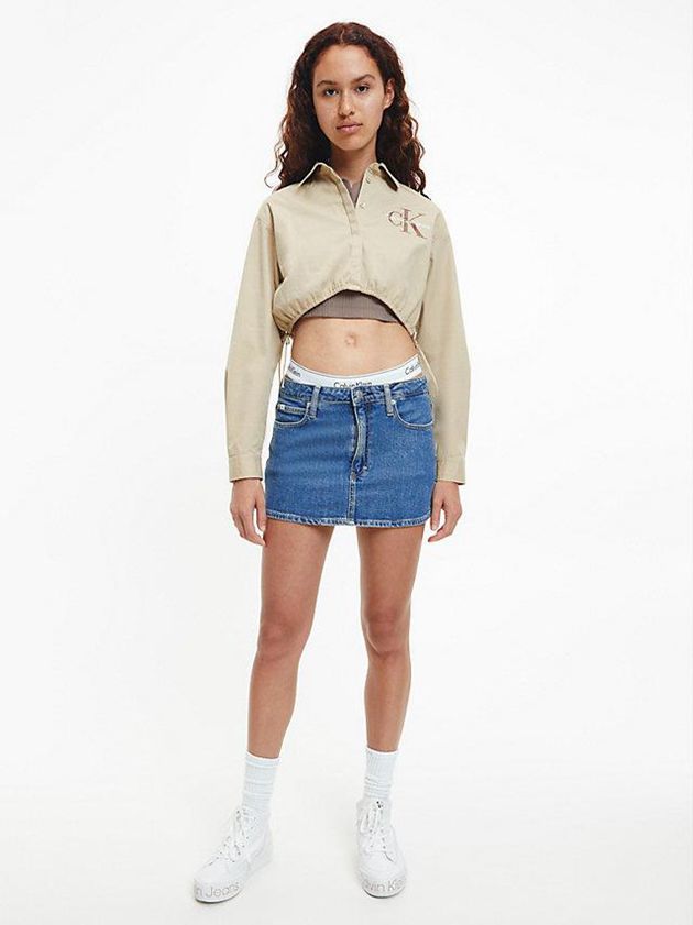 Khaki Calvin Klein Cropped Cotton Twill Shirt Women Top | DLNI-70836