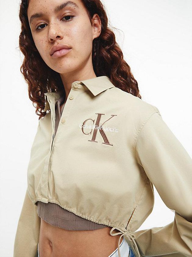 Khaki Calvin Klein Cropped Cotton Twill Shirt Women Top | DLNI-70836