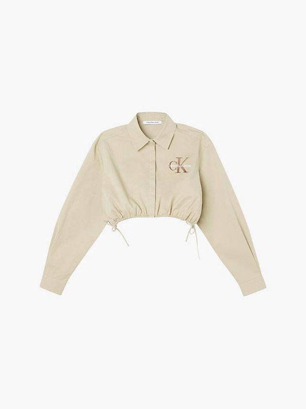Khaki Calvin Klein Cropped Cotton Twill Shirt Women Top | DLNI-70836