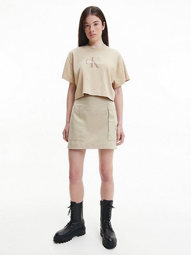 Khaki Calvin Klein Cropped Monogram Women T-Shirt | HPJC-14257