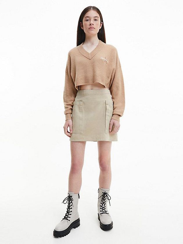Khaki Calvin Klein Cropped V-Neck Jumper Women Sweater | LEYC-39647