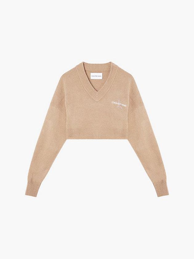Khaki Calvin Klein Cropped V-Neck Jumper Women Sweater | LEYC-39647
