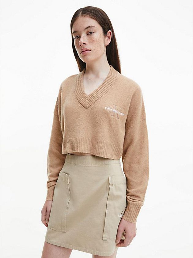 Khaki Calvin Klein Cropped V-Neck Jumper Women Sweater | LEYC-39647