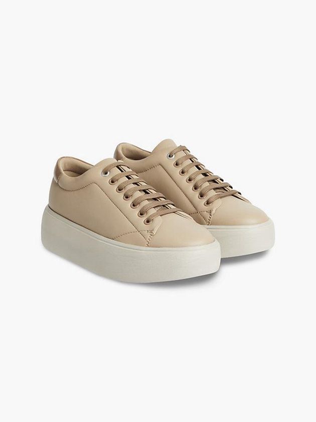 Khaki Calvin Klein Leather Bubble Platform Women Sneakers | LBGV-34501