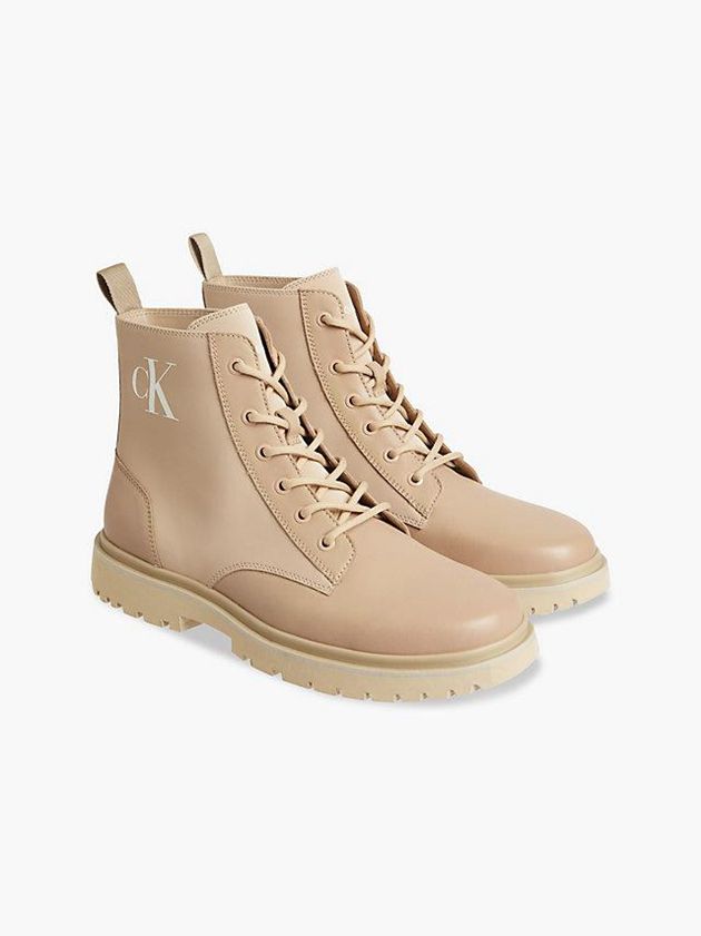 Khaki Calvin Klein Leather Lug Sole Men Boots | THVP-76239