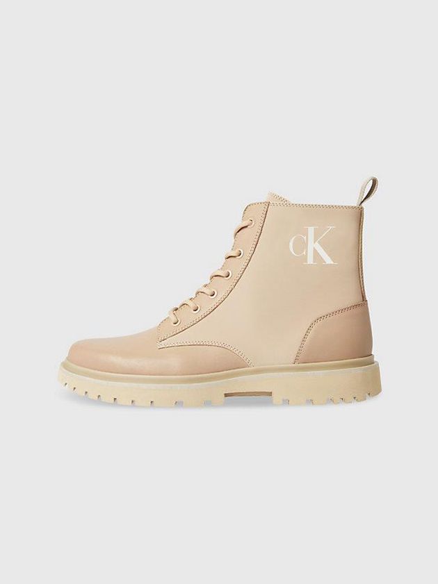 Khaki Calvin Klein Leather Lug Sole Men Boots | THVP-76239