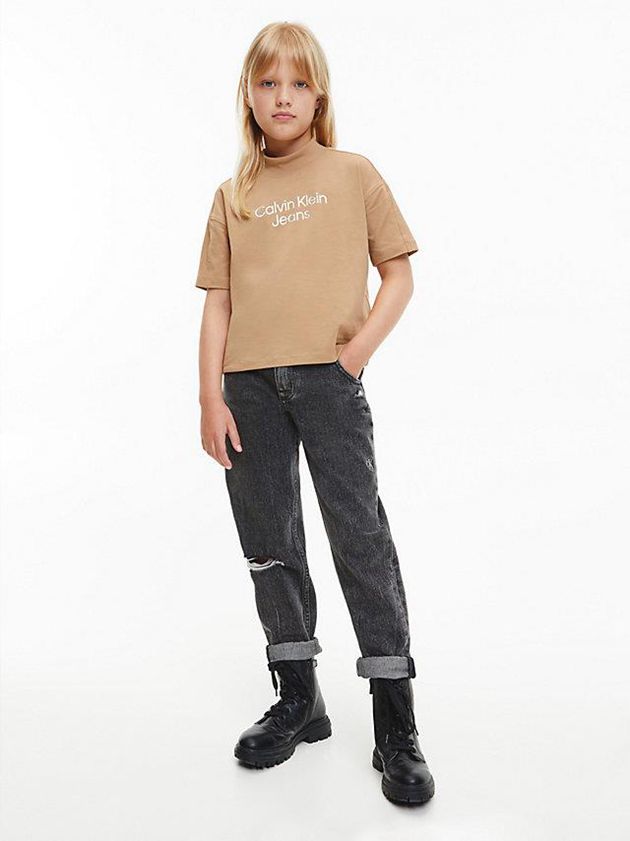 Khaki Calvin Klein Logo Girls's T-Shirt | TPWC-05719