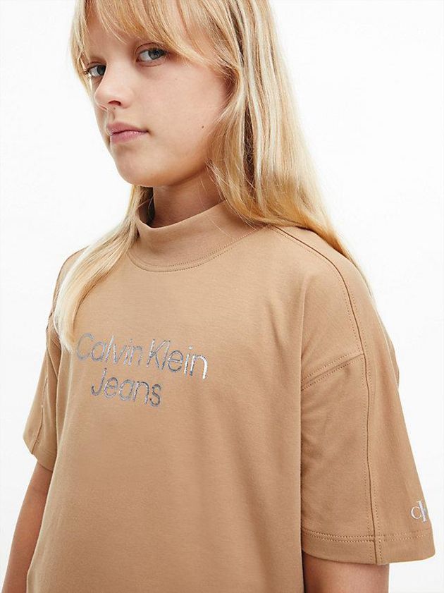 Khaki Calvin Klein Logo Girls's T-Shirt | TPWC-05719
