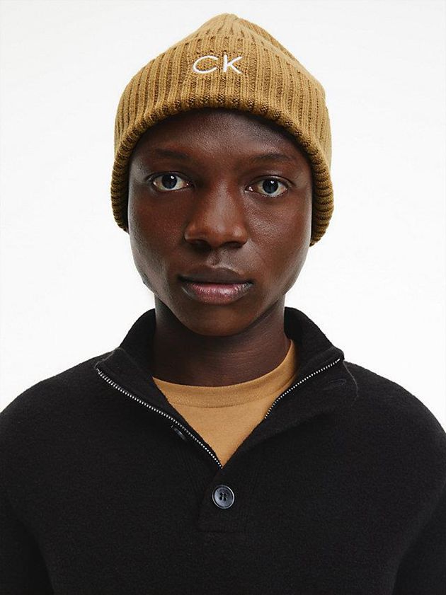 Khaki Calvin Klein Organic Cotton Blend Men Beanie | TMNE-73510