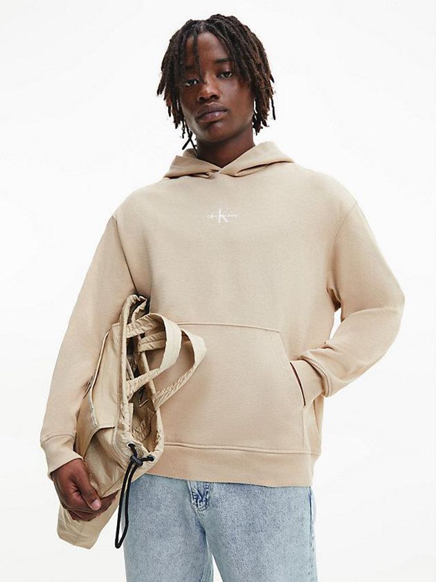 Khaki Calvin Klein Oversized Back Logo Men Hoodie | UMAW-04589