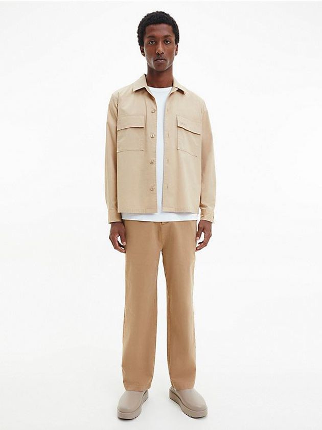 Khaki Calvin Klein Poplin Stretch Boxy Men Shirts | ILYM-78306