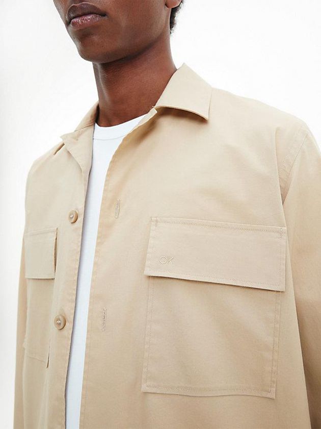 Khaki Calvin Klein Poplin Stretch Boxy Men Shirts | ILYM-78306