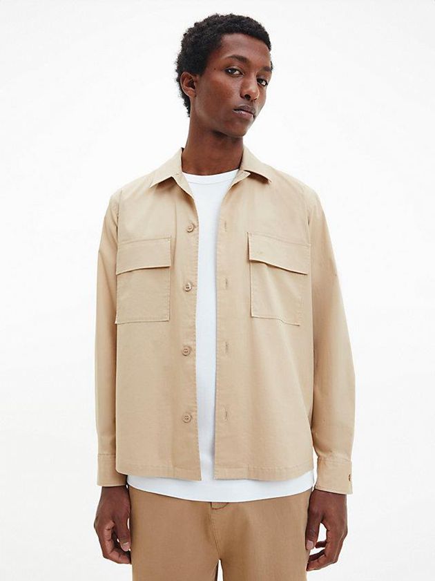 Khaki Calvin Klein Poplin Stretch Boxy Men Shirts | ILYM-78306