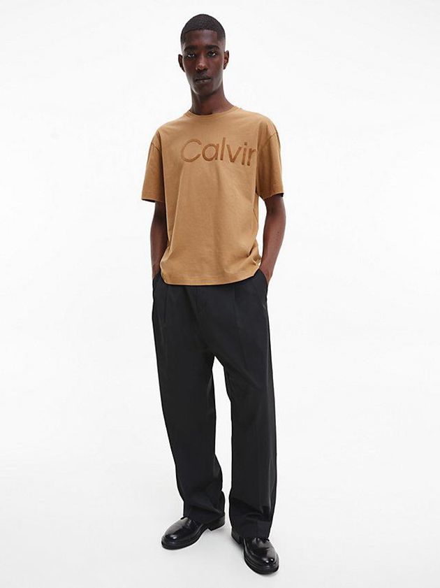 Khaki Calvin Klein Relaxed Organic Cotton Logo Men T-Shirt | JXUM-98547