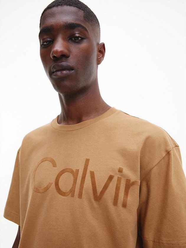 Khaki Calvin Klein Relaxed Organic Cotton Logo Men T-Shirt | JXUM-98547