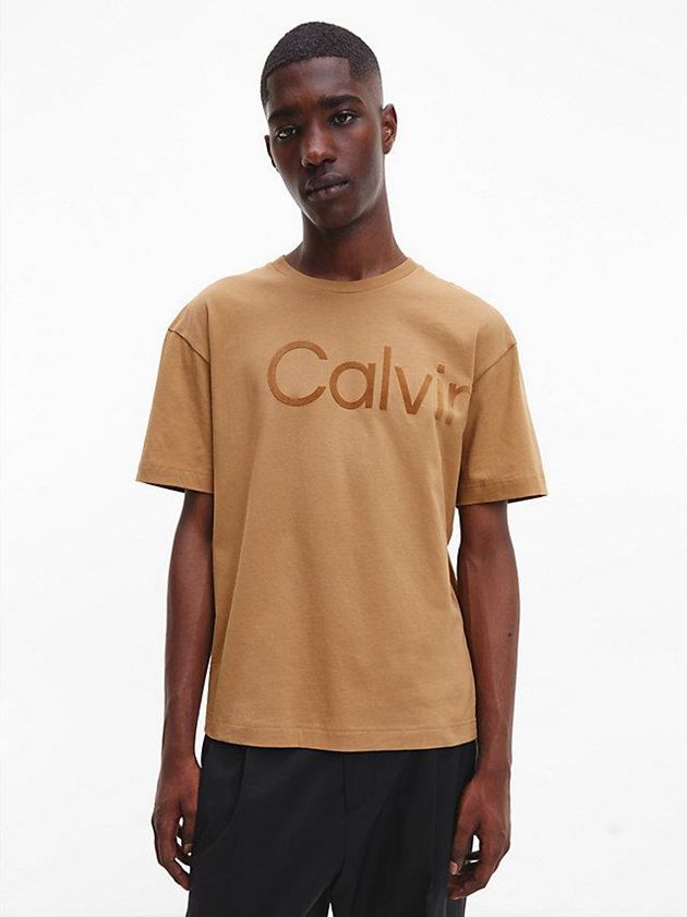 Khaki Calvin Klein Relaxed Organic Cotton Logo Men T-Shirt | JXUM-98547
