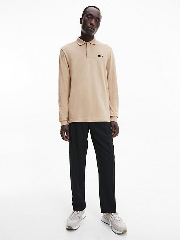 Khaki Calvin Klein Slim Pique Long Sleeve Men Polo Shirt | LWIV-72968