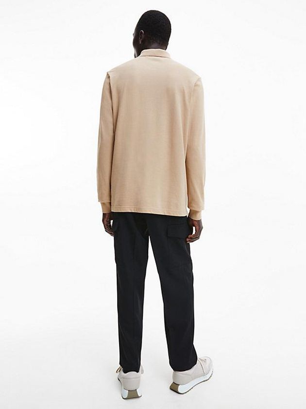 Khaki Calvin Klein Slim Pique Long Sleeve Men Polo Shirt | LWIV-72968