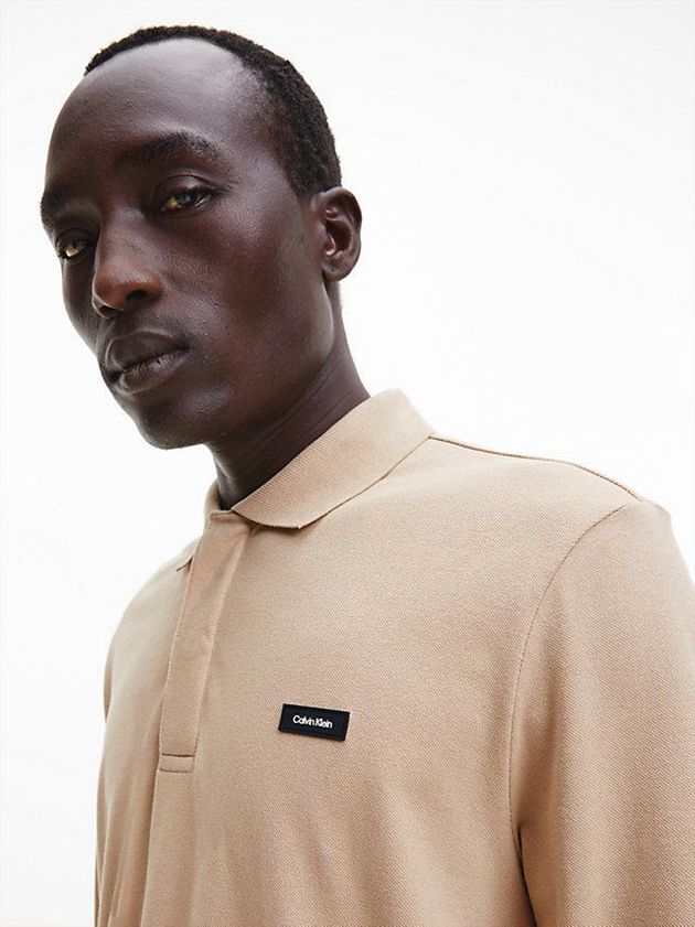 Khaki Calvin Klein Slim Pique Long Sleeve Men Polo Shirt | LWIV-72968