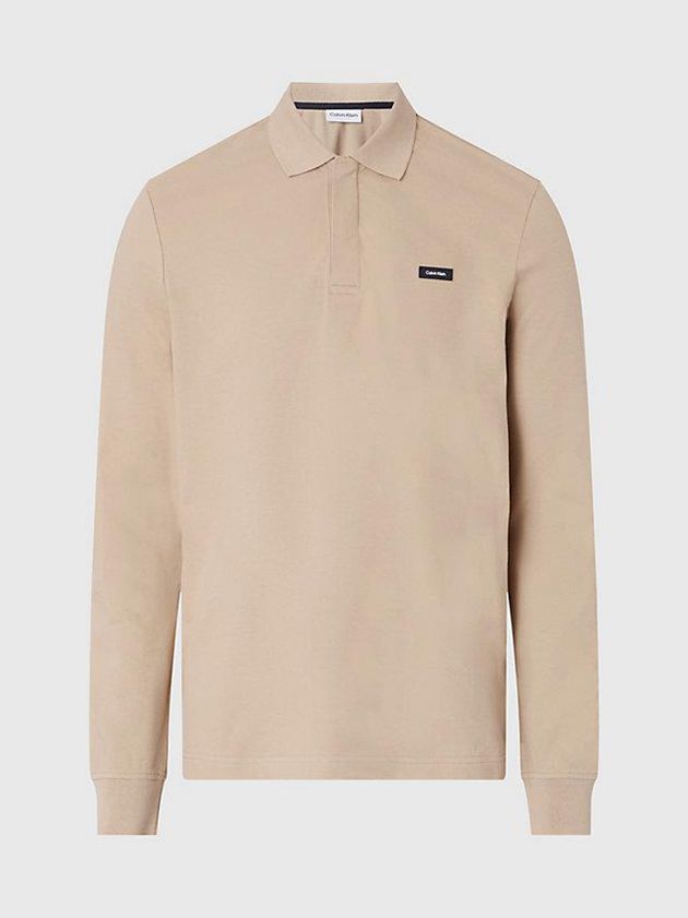 Khaki Calvin Klein Slim Pique Long Sleeve Men Polo Shirt | LWIV-72968