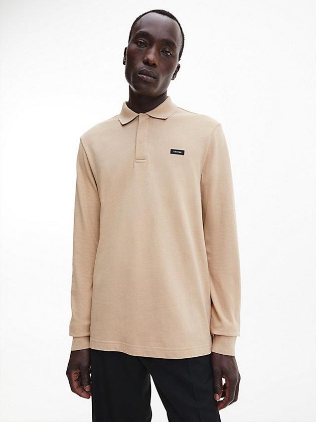 Khaki Calvin Klein Slim Pique Long Sleeve Men Polo Shirt | LWIV-72968