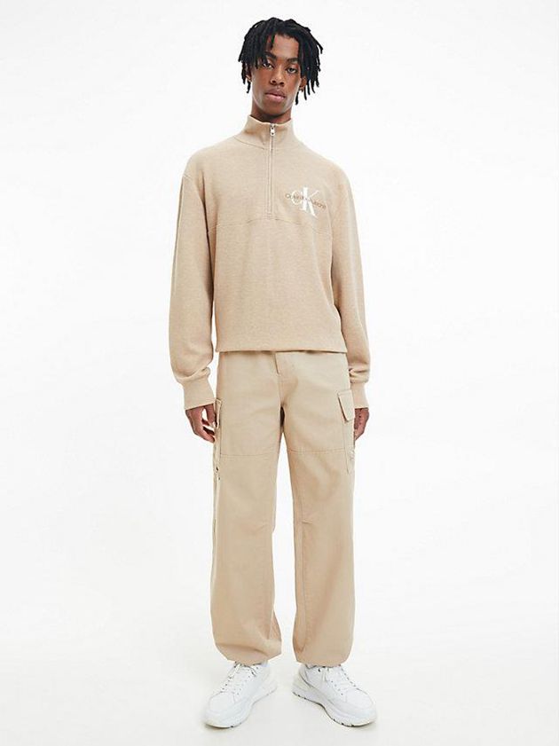 Khaki Calvin Klein Waffle Cotton Zip Neck Men Sweatshirt | OBGM-94536