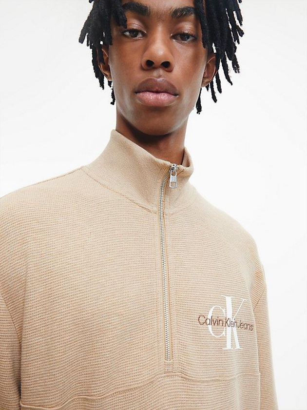 Khaki Calvin Klein Waffle Cotton Zip Neck Men Sweatshirt | OBGM-94536