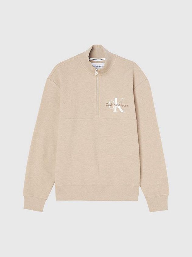 Khaki Calvin Klein Waffle Cotton Zip Neck Men Sweatshirt | OBGM-94536