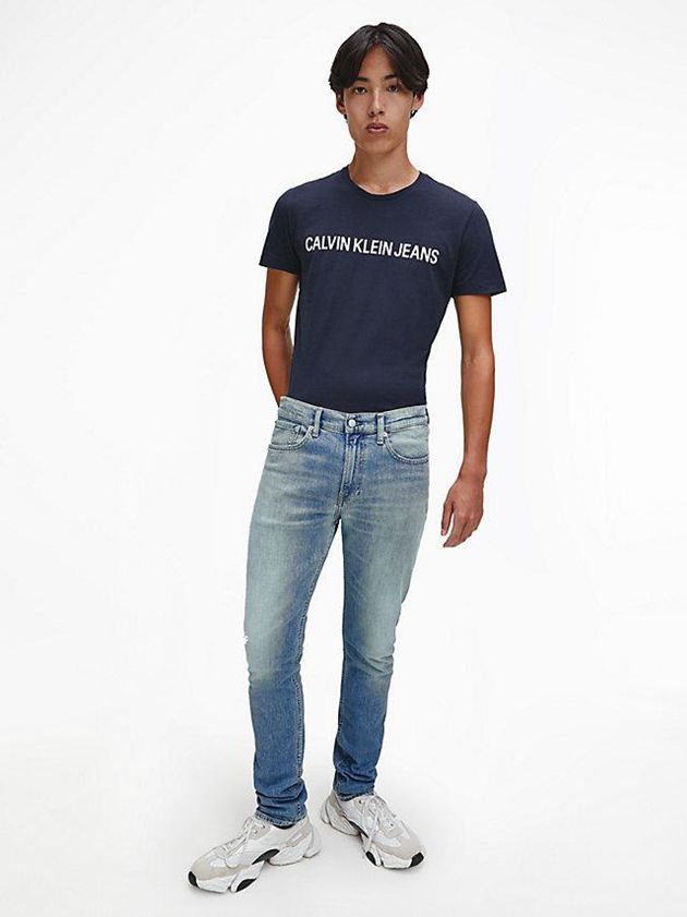 Navy Calvin Klein Organic Cotton Logo Men T-Shirt | JVZU-75039