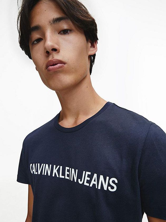 Navy Calvin Klein Organic Cotton Logo Men T-Shirt | JVZU-75039