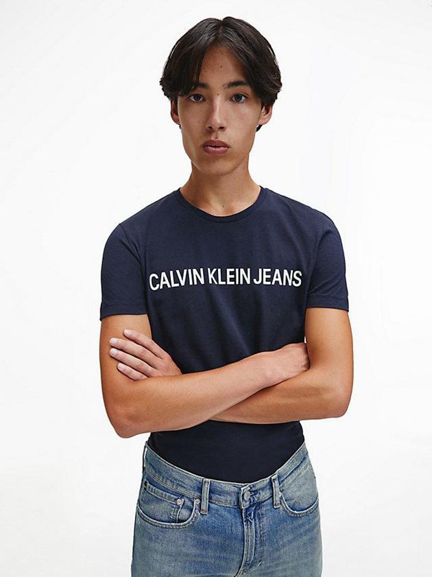 Navy Calvin Klein Organic Cotton Logo Men T-Shirt | JVZU-75039