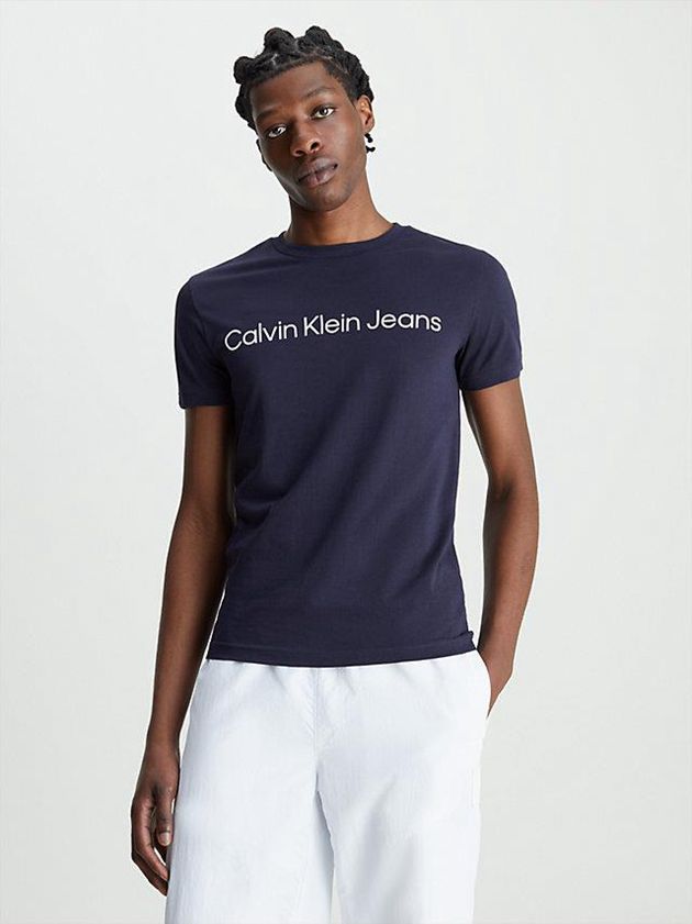 Navy Calvin Klein Slim Organic Cotton Logo Men T-Shirt | SLZK-98015