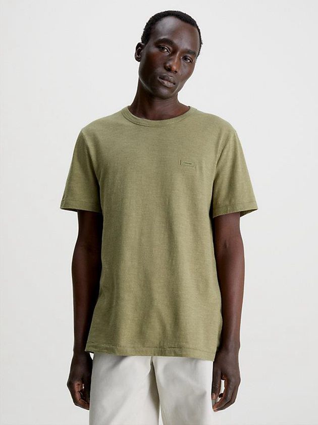 Olive Calvin Klein Cotton Linen Men T-Shirt | PLHE-56470
