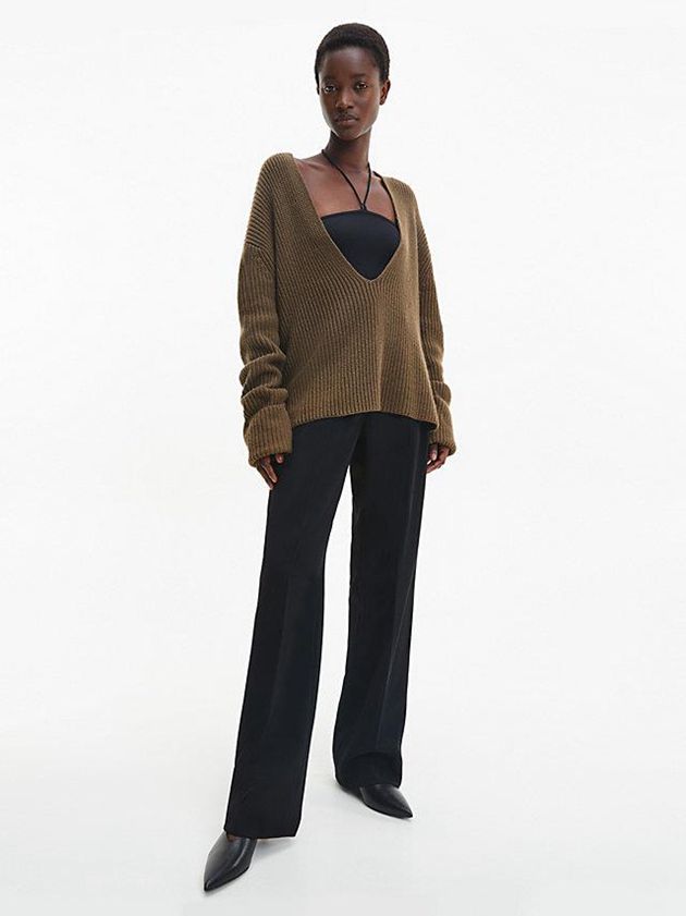 Olive Calvin Klein Relaxed Ribbed V-Neck Jumper Women Sweater | POUB-72308
