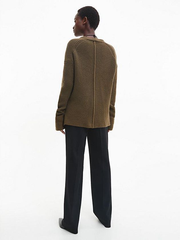 Olive Calvin Klein Relaxed Ribbed V-Neck Jumper Women Sweater | POUB-72308