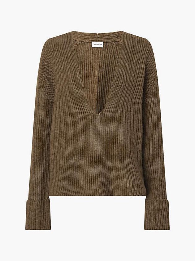 Olive Calvin Klein Relaxed Ribbed V-Neck Jumper Women Sweater | POUB-72308