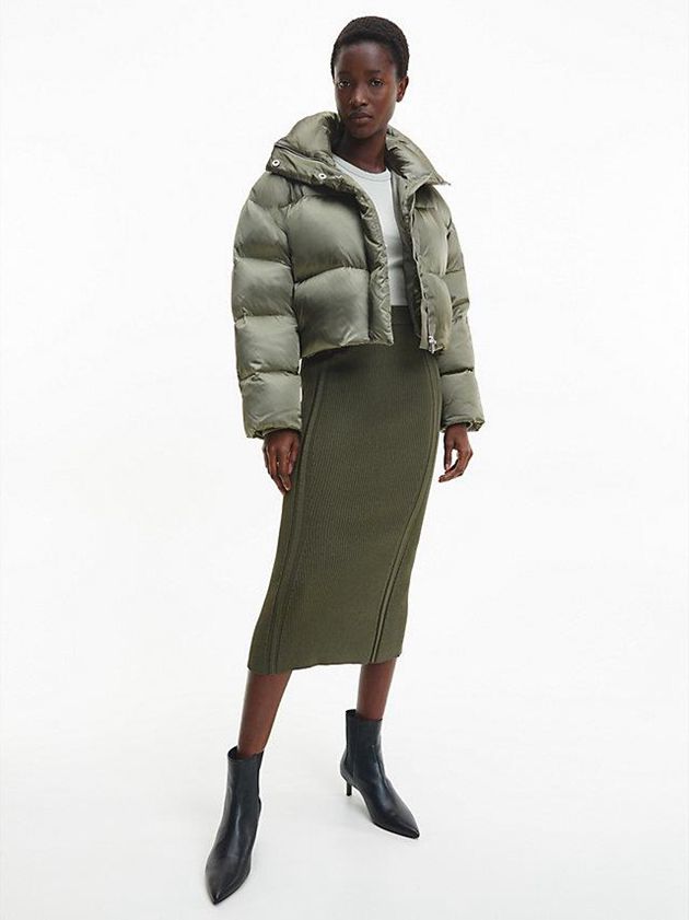 Olive Calvin Klein Ribbed Flared Midi Women Skirt | YORJ-16274