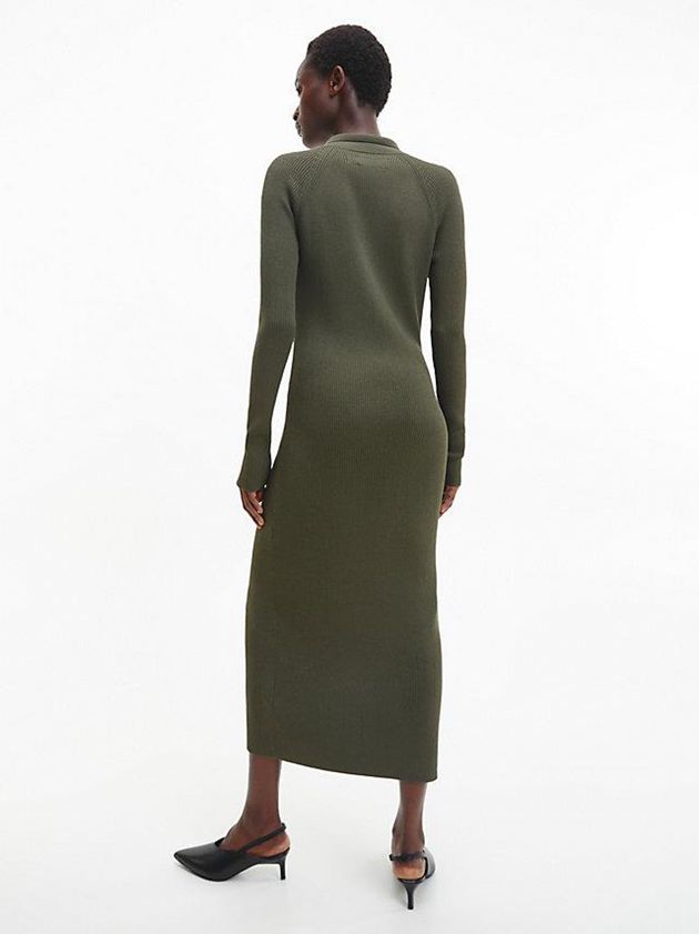 Olive Calvin Klein Slim Ribbed Midi Shirt Women Dress | QSEA-10482