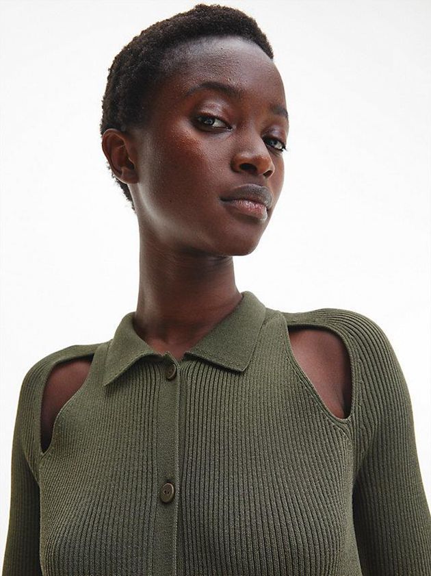 Olive Calvin Klein Slim Ribbed Midi Shirt Women Dress | QSEA-10482