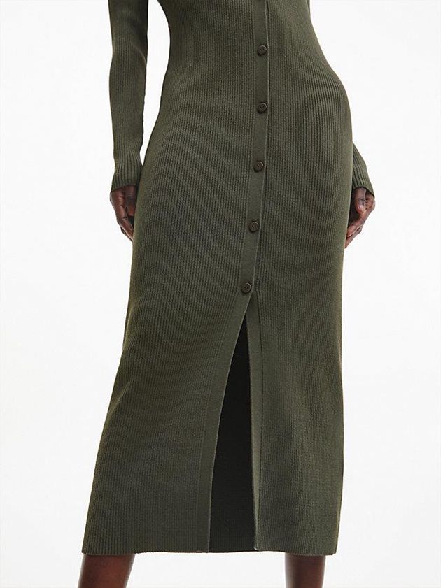 Olive Calvin Klein Slim Ribbed Midi Shirt Women Dress | QSEA-10482