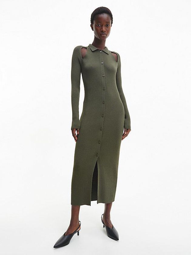Olive Calvin Klein Slim Ribbed Midi Shirt Women Dress | QSEA-10482